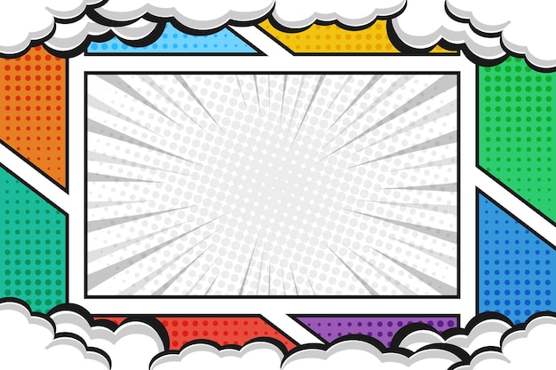 Vector empty colorful comic cartoon frame background template with halftone