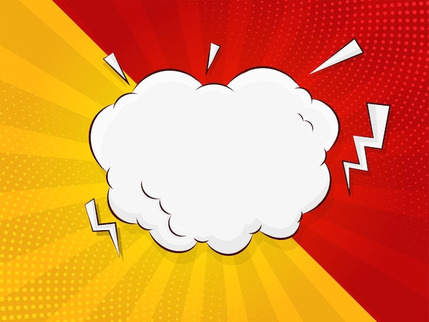 Empty comic cloud frame with lightning bolts on red and yellow rays dotted background
