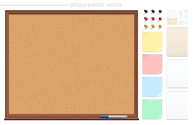 Vector empty cork bulletin board and set of thesticky notes pins and adhesive tapes