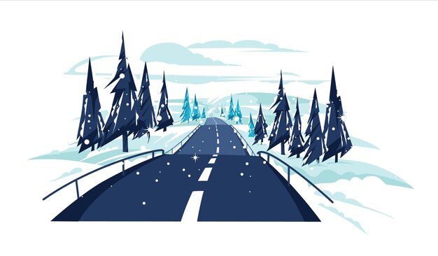 Vector empty country scene among hills with snowy road and firtrees