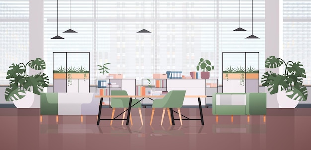 Vector empty coworking center modern office room interior creative open space with furniture horizontal illustration