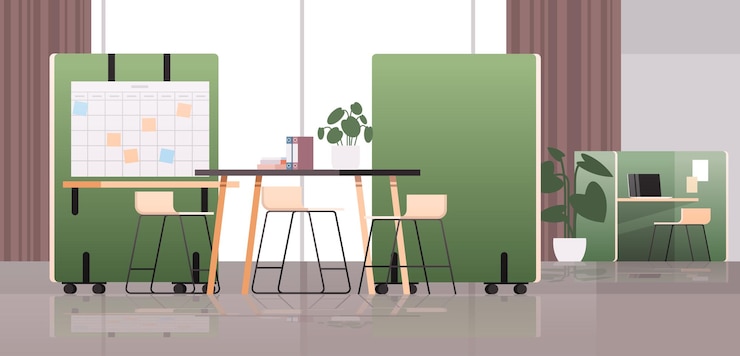 Vector empty coworking center modern office room interior open space with furniture horizontal illustration