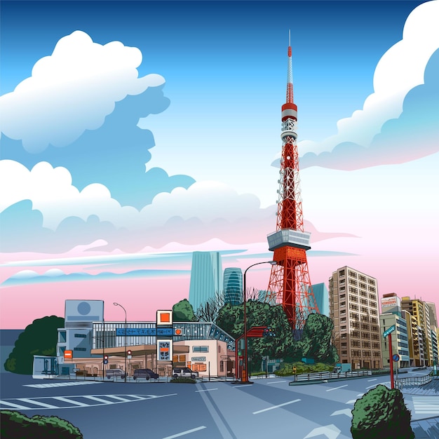 Vettore bivio vuoto al concetto di tokyo city japan in stile ukiyoe