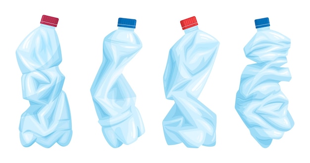 Empty crumpled water bottles broken plastic containers plastic trash bottles for recycling flat vector illustration set crushed water bottles