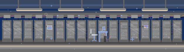 Empty data hosting server room interior background flat vector illustration