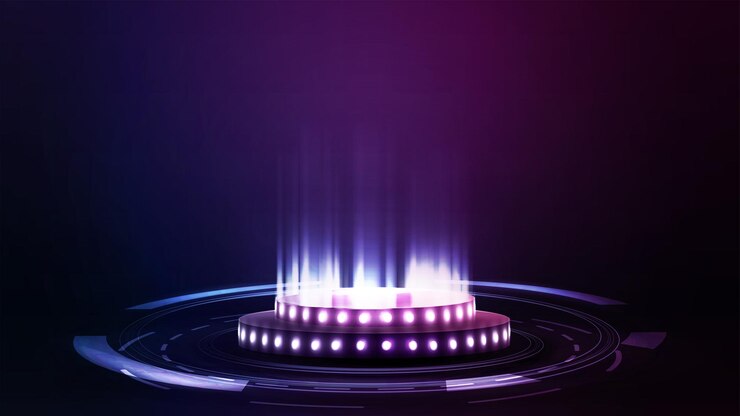 Vector empty digital podium with bulbs, particles and hologram digital rings in dark room