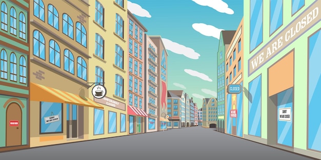 Empty downtown street with closed shops vector illustration