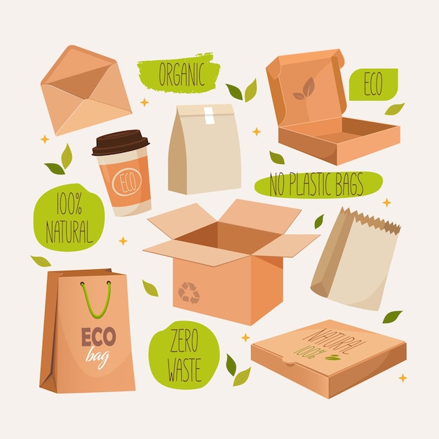 Empty eco package set includes paper containers, boxes, takeaway glasses, etc.