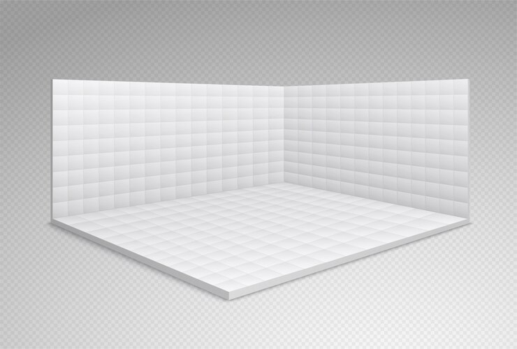 Vector empty exhibition hall stand with white tiles on the walls and floor. trading room, presentation conference hall.