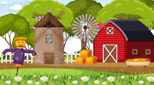 Scena di fattoria vuota con fienile rosso e mulino a vento