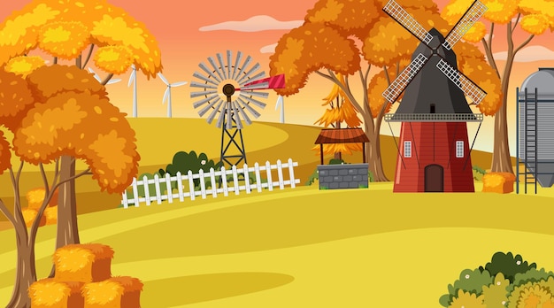 Vector empty farm at sunset time scene with windmill