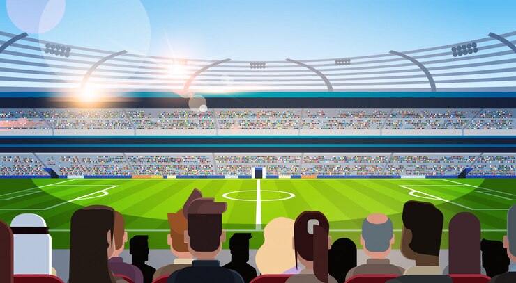 Vector empty football stadium field silhouettes of fans waiting match rear view flat horizontal