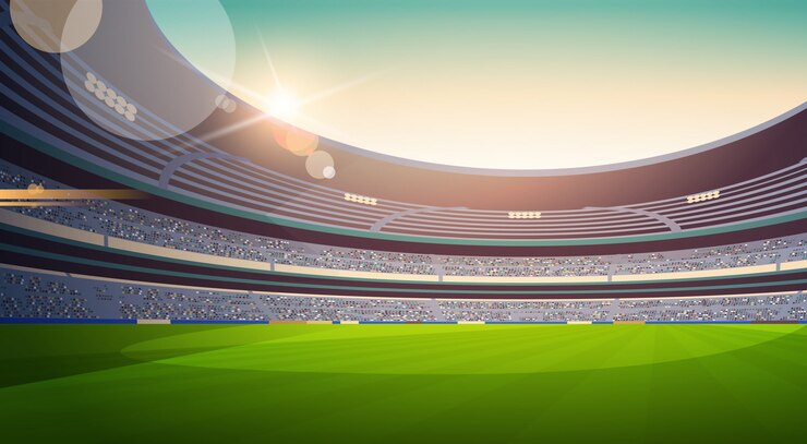 Vector empty football stadium field view sunset flat horizontal