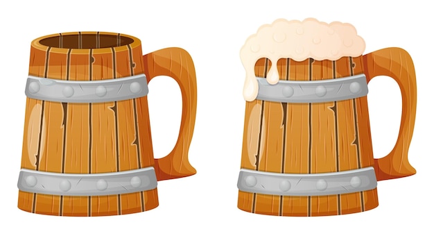 Vector empty and full of beer old wooden mug