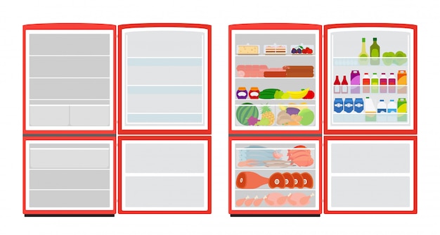 Empty and full fridge. red refrigerator with food on white background