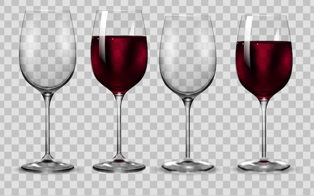 Empty and full transparency red wine glass Vector wine glasses 3d realism vector icon