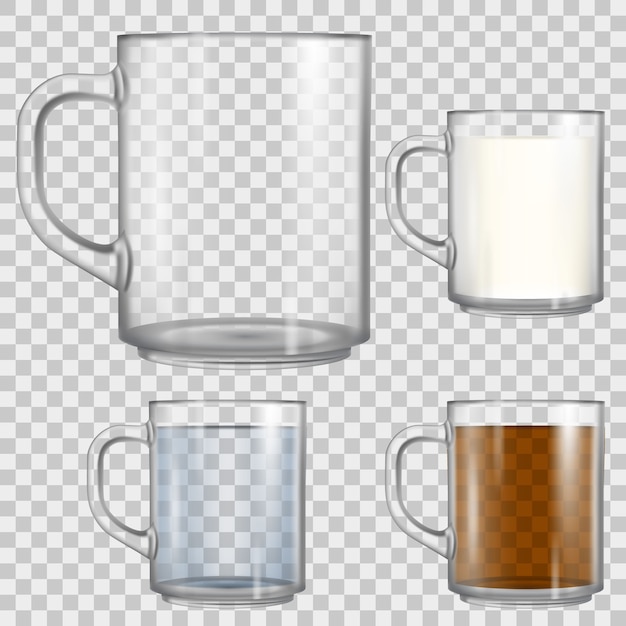 Vector empty glass cup isolated on transparent background. mug full with tea, water and milk.