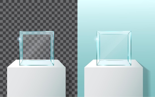 Empty glass showcase in cube form. 3d vector realistic glass square showcase.