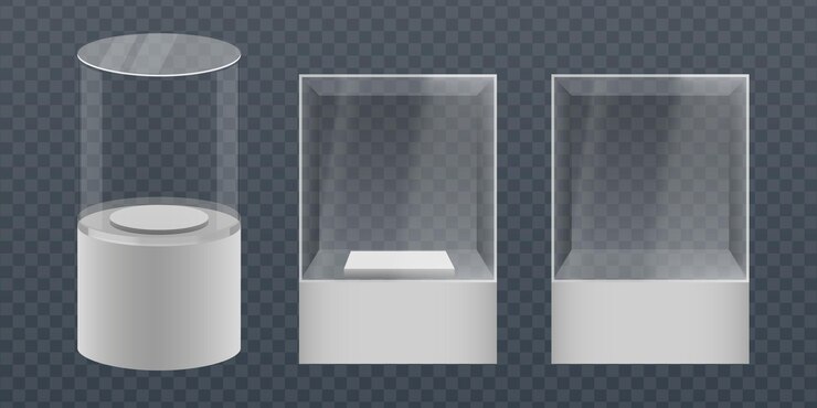 Vector empty glass showcase in cube form empty transparent glass cube