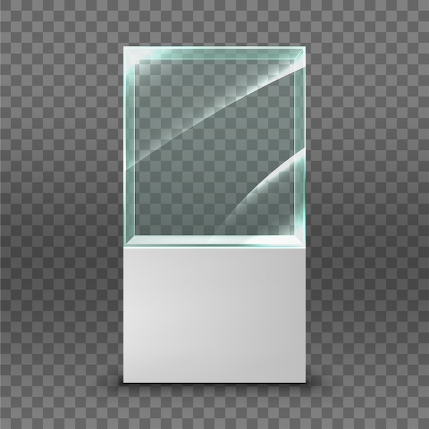 展覧会のための空のガラスのショーケース。透明な背景で隔離の図