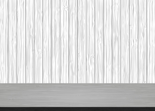 Empty gray wooden table top on white wood plank background Wooden background