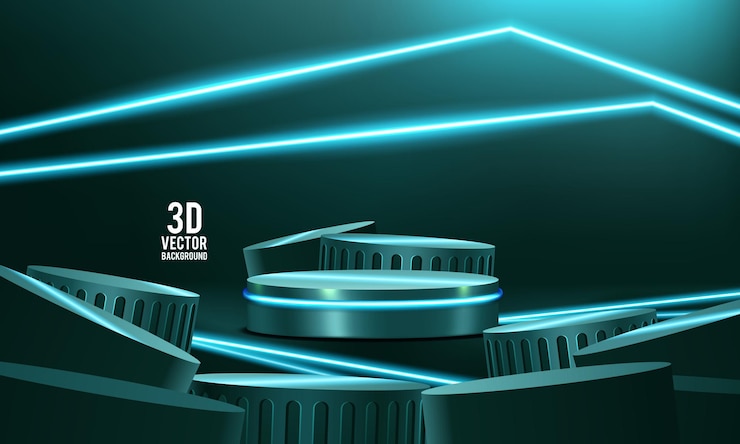 Vector empty green podium with white neon lamp on the ceiling