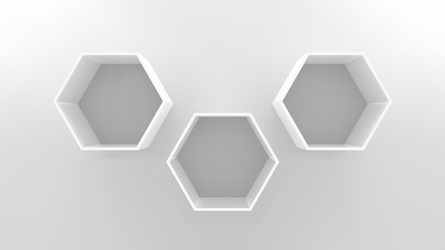 Empty hexagon shelves on white wall 3D mockup