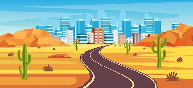 Strada autostradale vuota nel deserto che conduce a una grande città.