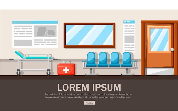 Vector empty hospital corridor. clinic hallway interior with armchair in a row and hospital bed. first aid kit. medical concept.  illustration. web site page and mobile app