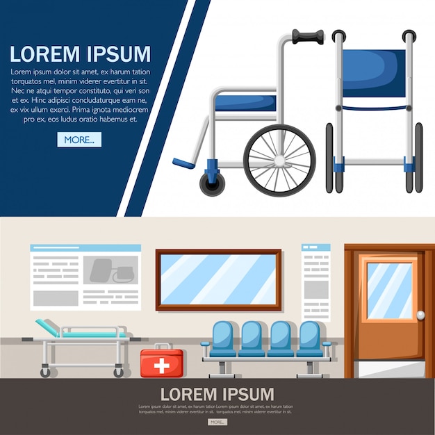 빈 병원 복도. 휠체어와 병원 침대가있는 클리닉 복도 인테리어. 구급 상자. 의료 개념. 삽화. 웹 사이트 페이지 및 모바일 앱