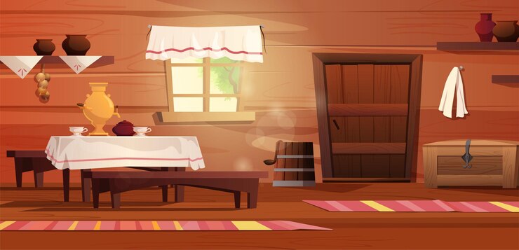 Empty interior of the Russian hut