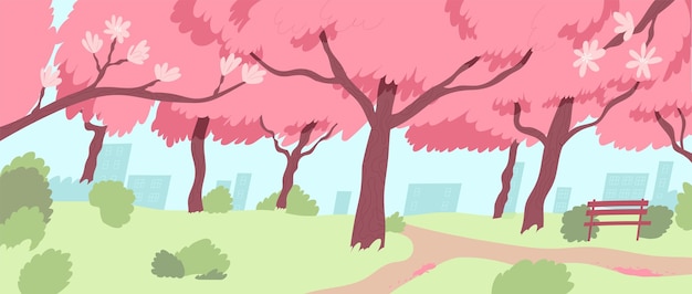 Vector empty japanese park during cherry blossom season. picturesque landscape of beautiful trees with pink flowers. sakura blooming at springtime. hanami festival time. flat vector illustration.