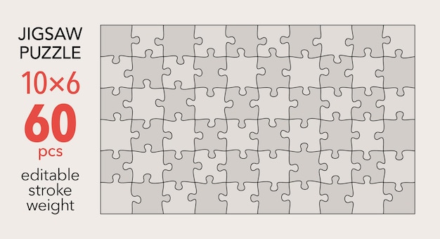 Empty jigsaw puzzle grid template 10x6 shapes 60 pieces Separate matching irregularly elements