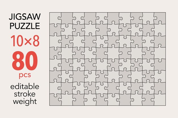 빈 직소 퍼즐 그리드 템플릿 10x8 모양 80개 일치하는 퍼즐 요소 분리