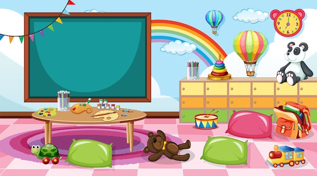 Вектор Пустой интерьер классной комнаты детского сада с множеством детских игрушек