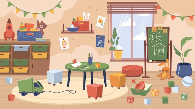 Empty kindergarten classroom with furniture toys