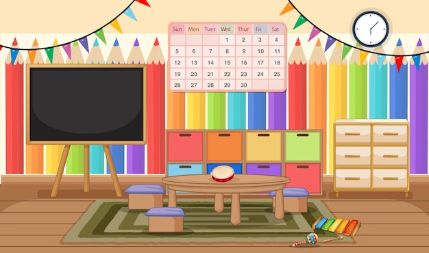 Vector empty kindergarten room with classroom objects and interior decoration