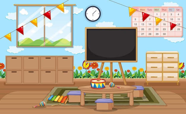 Vector empty kindergarten room with classroom objects and interior decoration