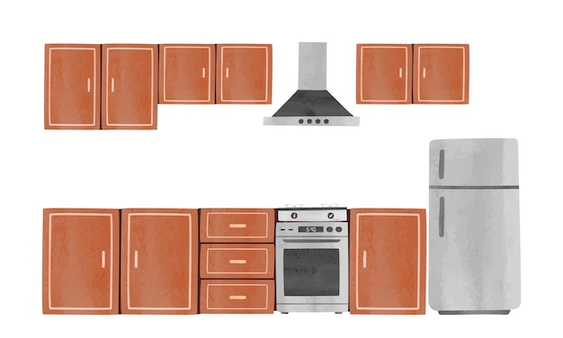 Vector empty kitchen cabinet watercolor vector. cabinets, range hood, refrigerator. kitchen cabinet clipart