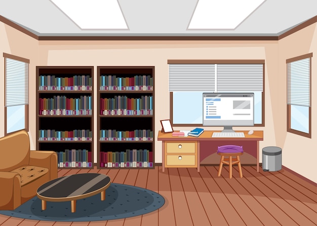 Vector empty library interior design with bookshelves