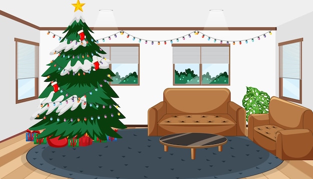 Empty living room with a christmas tree