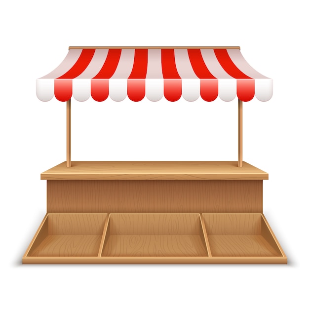 Vector empty market stall. wooden kiosk, street grocery stand with striped awning and counter desk template