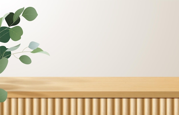 空の最小限の木製のトップテーブル、緑の葉と白い背景の上の木製の表彰台。製品のプレゼンテーション、モックアップ、化粧品の展示、表彰台、ステージ台座またはプラットフォームの表示。 3Dベクトル