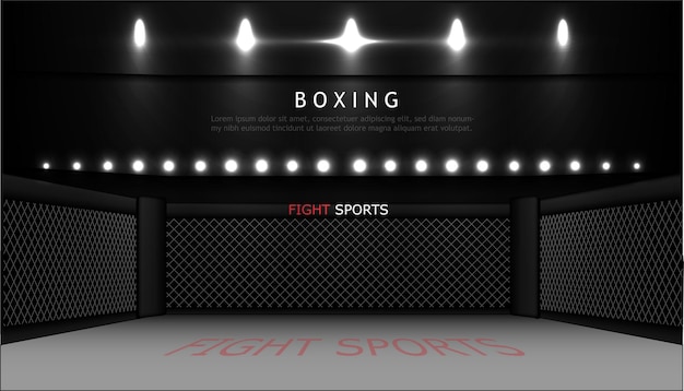 Vector empty mma arena or mma ring side view under lights complete tribune