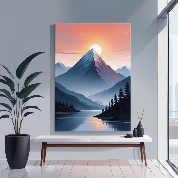 Vector empty modern studio with wooden table and mountains interior with panoramic landscape 3d rend