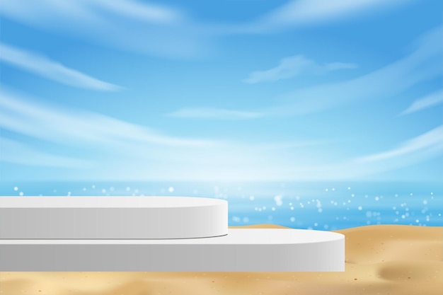 Empty modern white color table for pedestal product display, summer beach with blue sea 