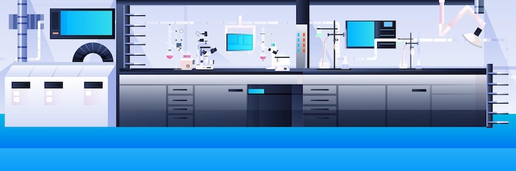 Vector empty no people chemical research laboratory with different equipment scientist workplace science education concept