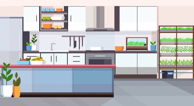 空のない人々の家の部屋のモダンなキッチンデザインスマートプラント成長システムインテリアコンセプトフラット水平でシステム