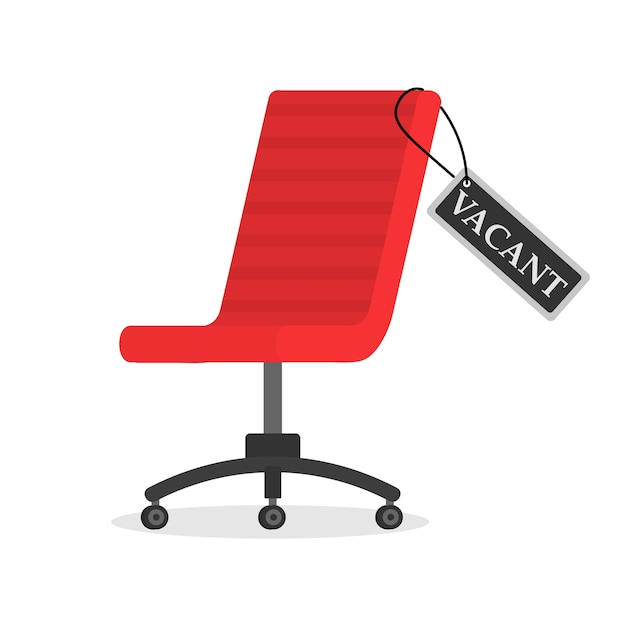 Vector empty office chair with vacant sign. employment, vacancy and hiring job concept. vacant workplace for employee. the concept of hiring and recruiting a business, search employee.