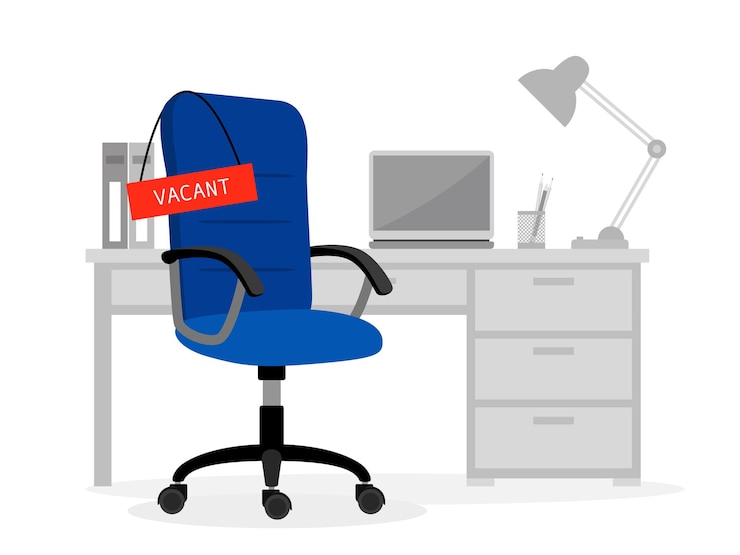 Vector empty office desk and vacant chair. computer free job place cartoon vector illustration for vacancy concept, people hiring position